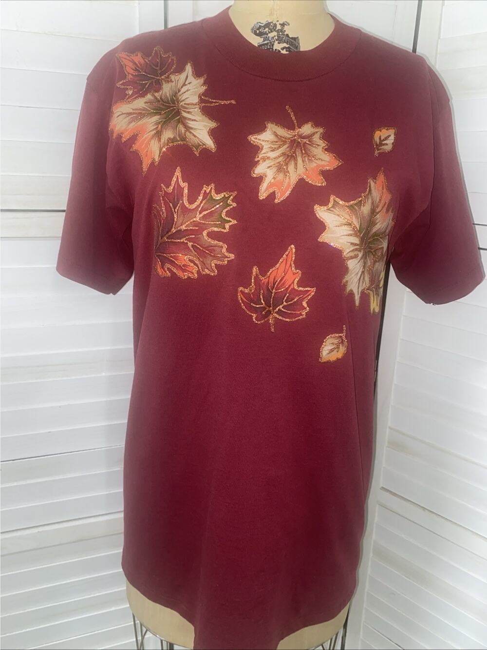 VINTAGE 80s Women’s Top T-Shirt Single Stitch Burgundy Autumn Glitter Sz XL USA